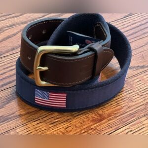 Vineyard Vines Navy Web Belt with Brown Leather and American Flag
